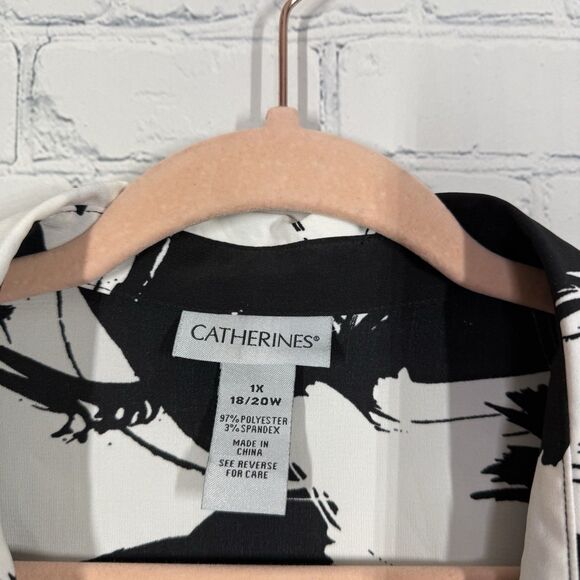 Catherines Tunic Blouse Women Plus 1X Black White Roll Tab Sleeve Abstract Artsy - Picture 4 of 8